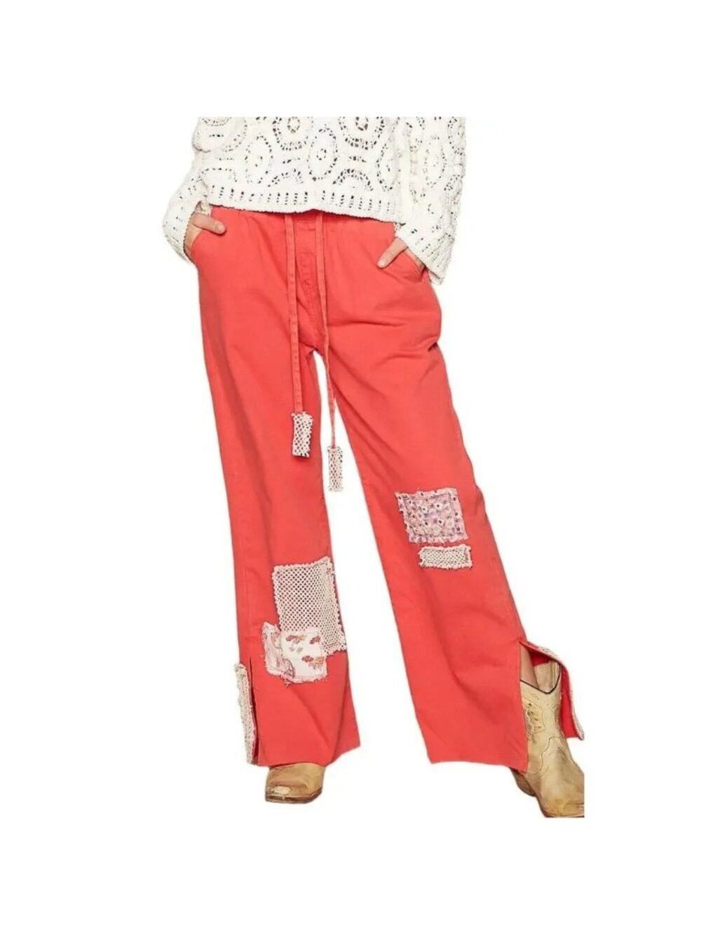 POL Women's Flare Wide Leg Pants Lace Detail Crochet Patches BOHO Red Sz Large